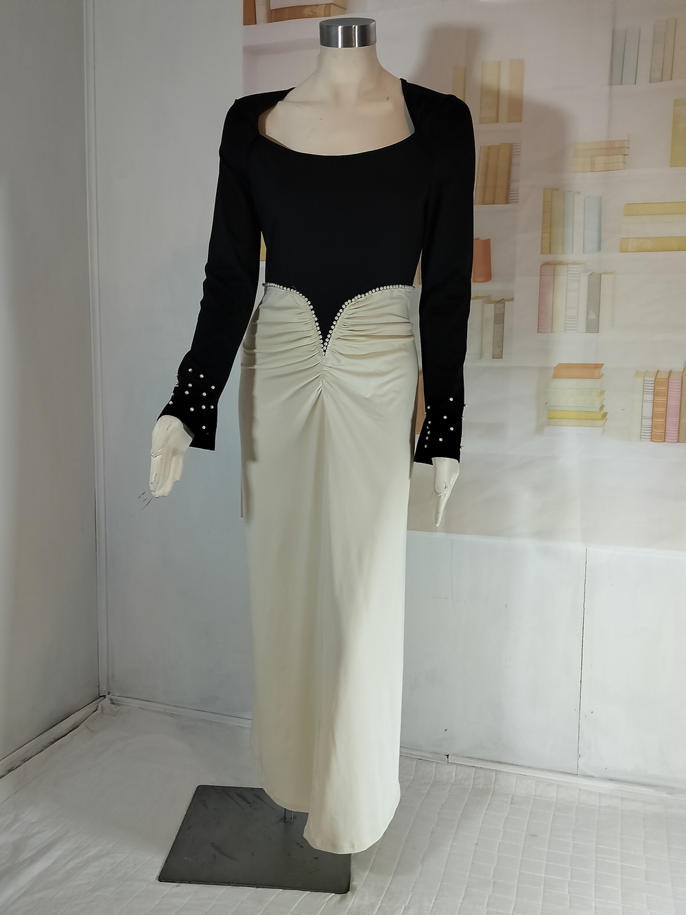 & Other Stories Black and Cream Maxi Dress with Embellished Waist